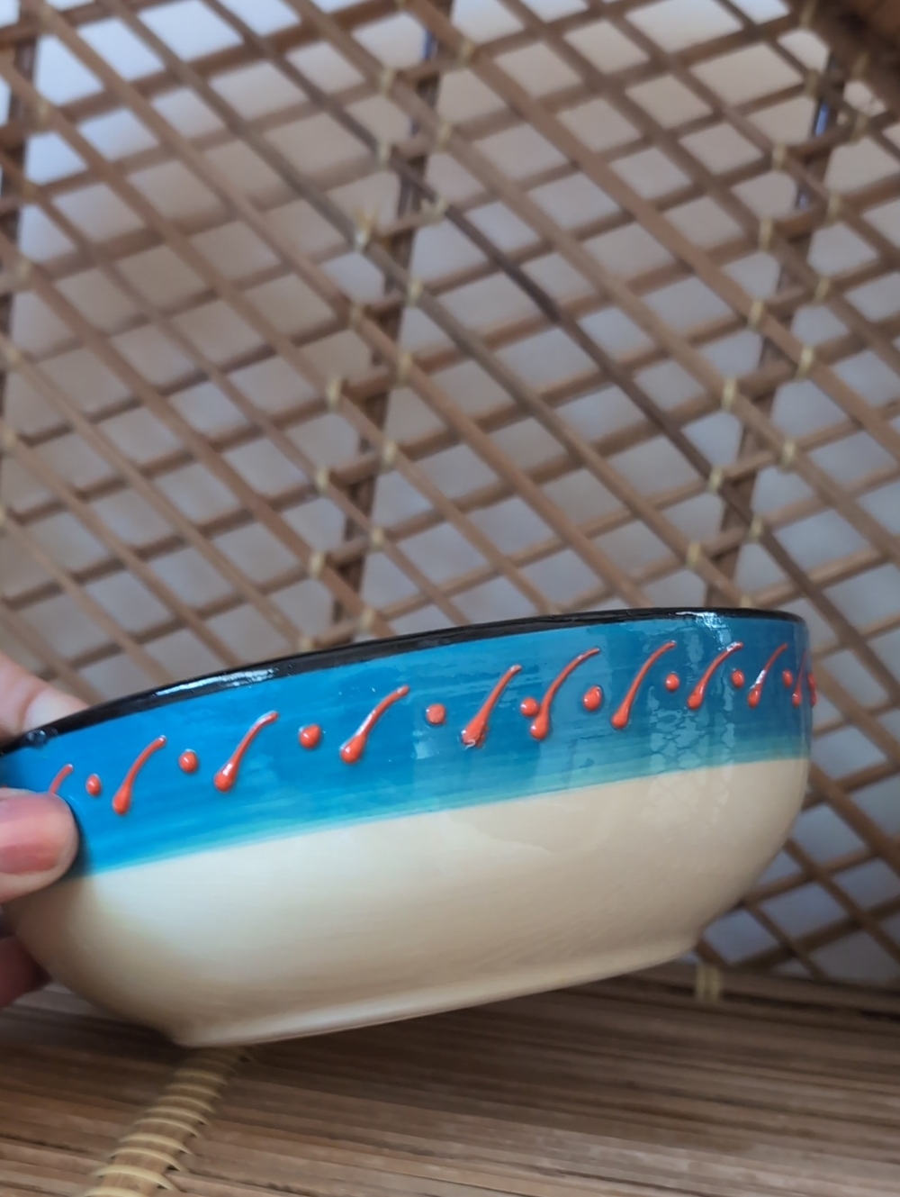 El Poyeton Hand-Painted Ceramic Decorative Bowl - Cream & Blue Multicolor - Picture 5 of 12
